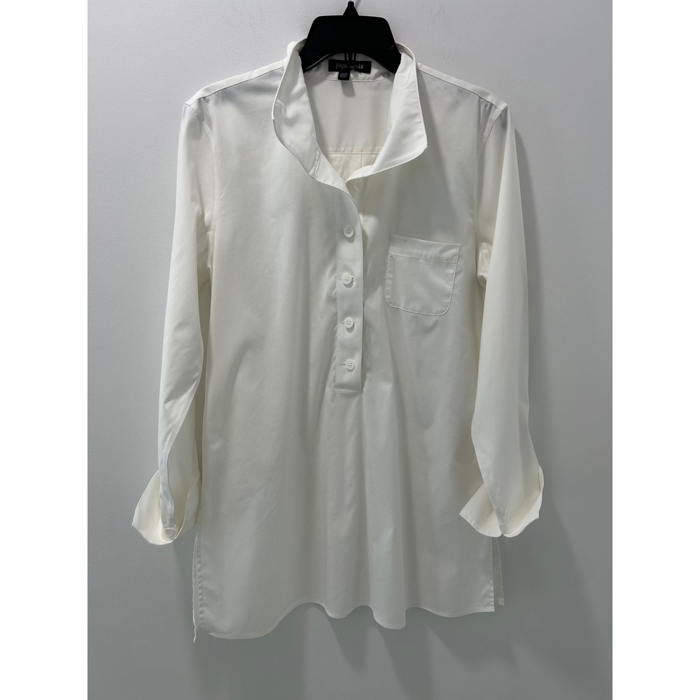 Paperwhite Womens White Back Button Cotton Blend Tunic Shirt Top Size L
